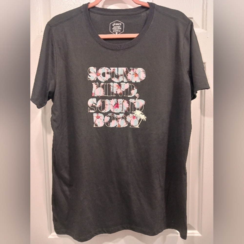 Asics Black  Tee with Floral Text